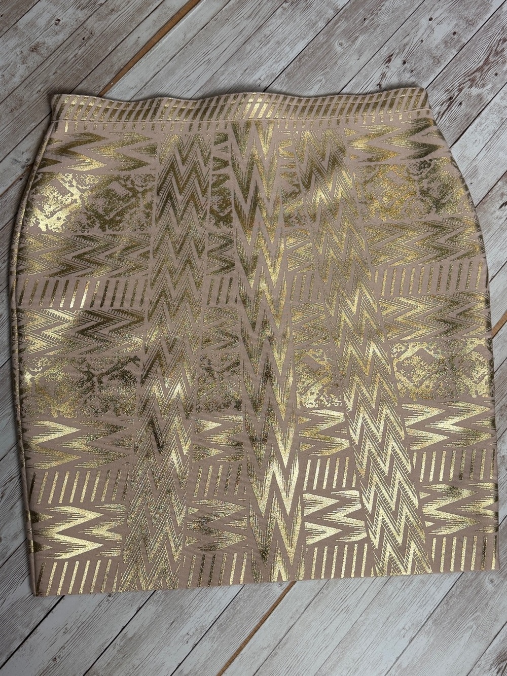 Metallic Gold Patterned Beige Pencil Skirt